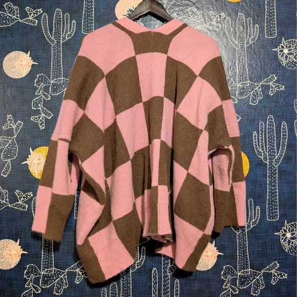 Dressed in Lala Oversized Checkboard Cardigan Sweater Brown Pink Women's Size S - Picture 6 of 9